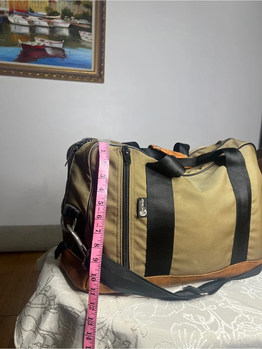 Vintage Athalon Khaki Canvas & Leather Trim Duffel Bag with Black Strap